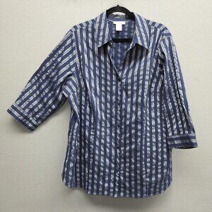 Worthington Shirt Womens 2X Blue Stripe Button Front 3/4 Sleeve Stretch Top
